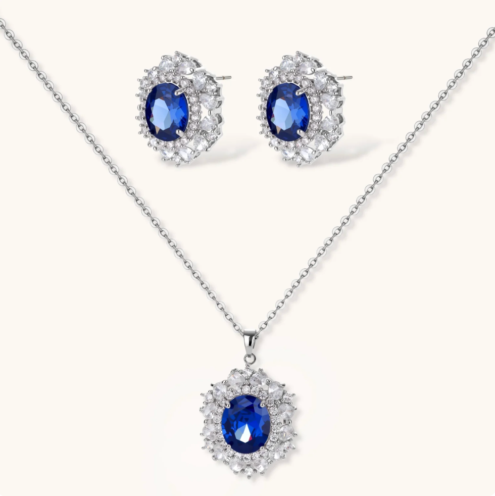 ALAERE Royal Sapphire Halo Pendant Set
