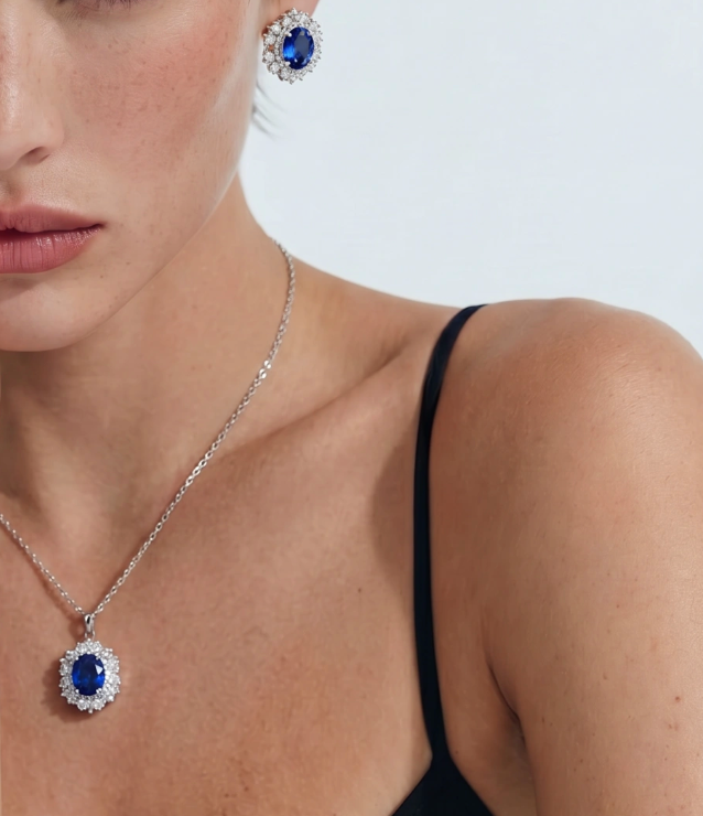 ALAERE Royal Sapphire Halo Pendant Set
